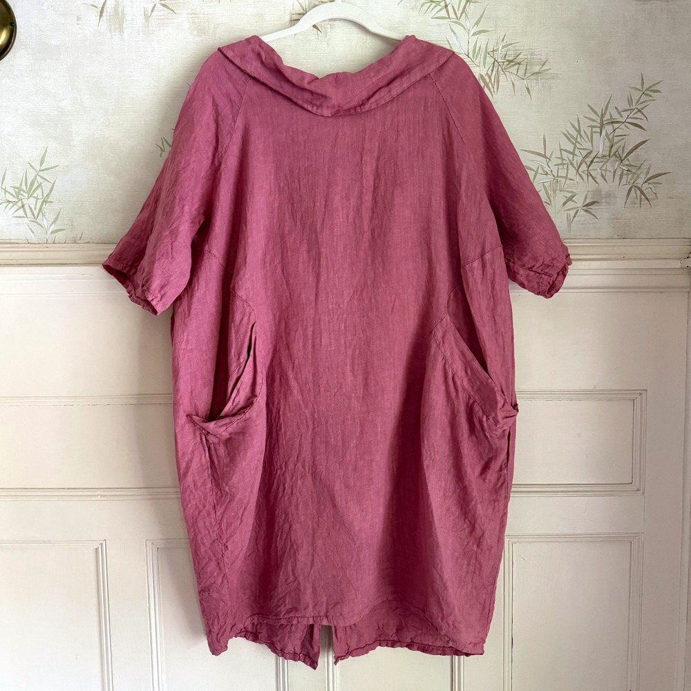 Made in Italy Linen Tunic Dress Dusty Pink Short Sleeve Button Back Lagenlook L